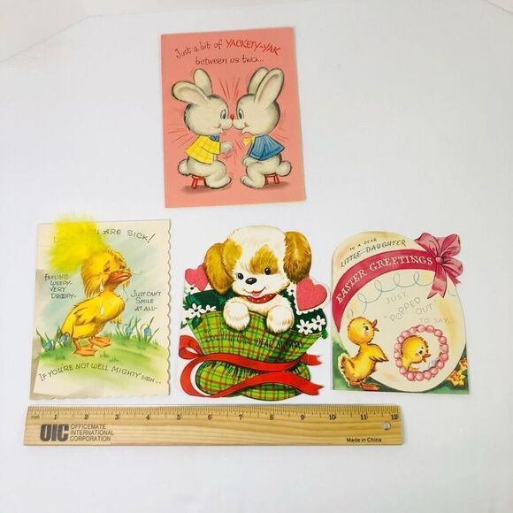 vintage 60s greeting cards lot of 4 duck bunny dog feathers and glitter crafts - Picture 9 of 9